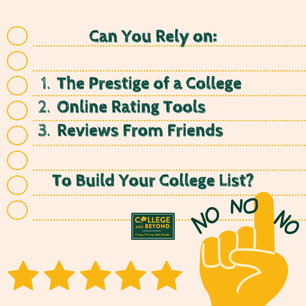 Can You Rely On The Prestige of a College, Online Rating Tools, or Reviews from Friends To Build Your College List?  NO and Here’s Why…